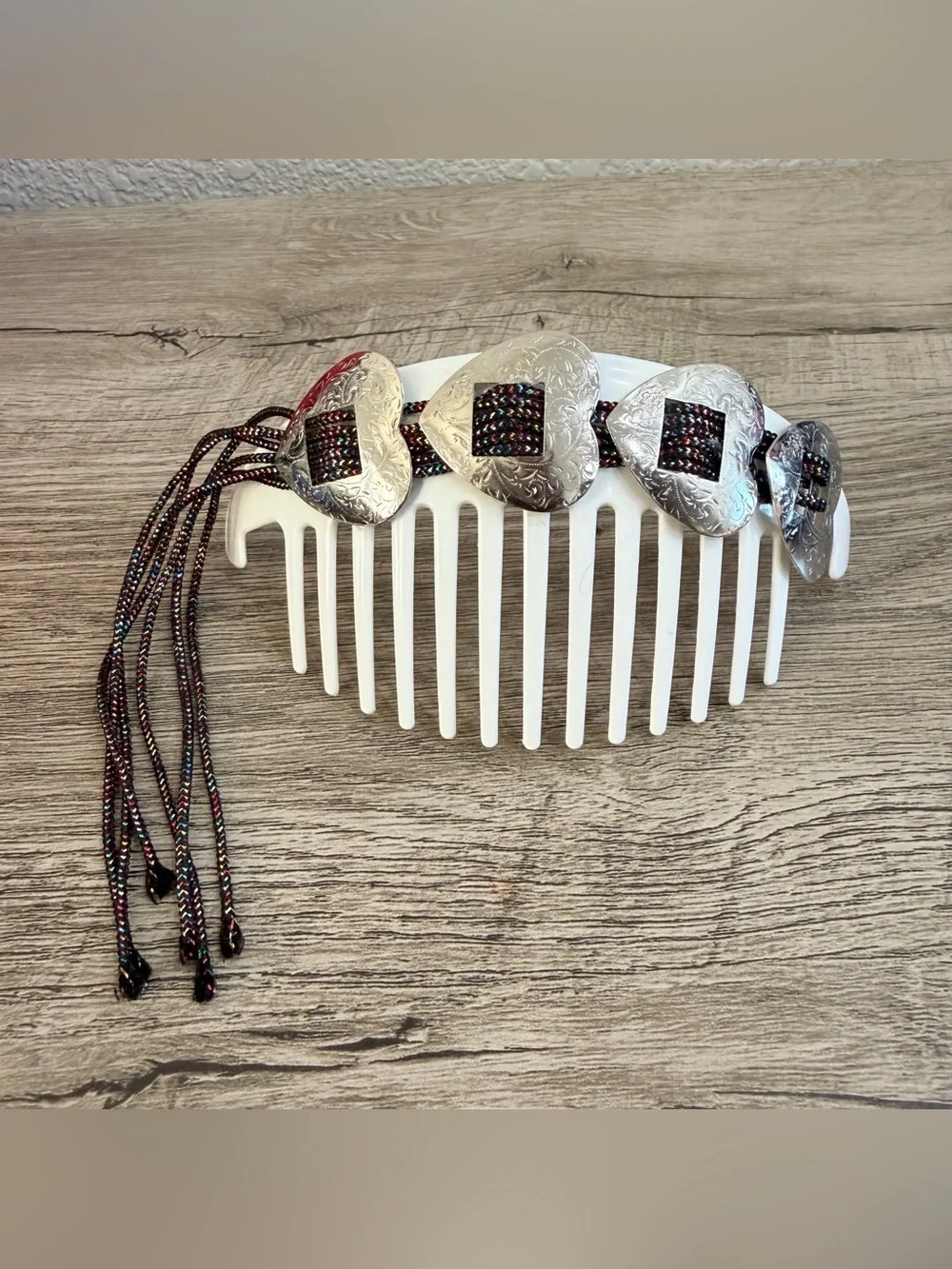 Vintage GOODY TZERS Hair Cincher Clip Comb‎ Large Colorful Silver Tone Hearts